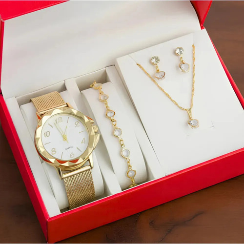 Kit Relógio Feminino Colar Brinco Pulseira Folheado Presente Dourado