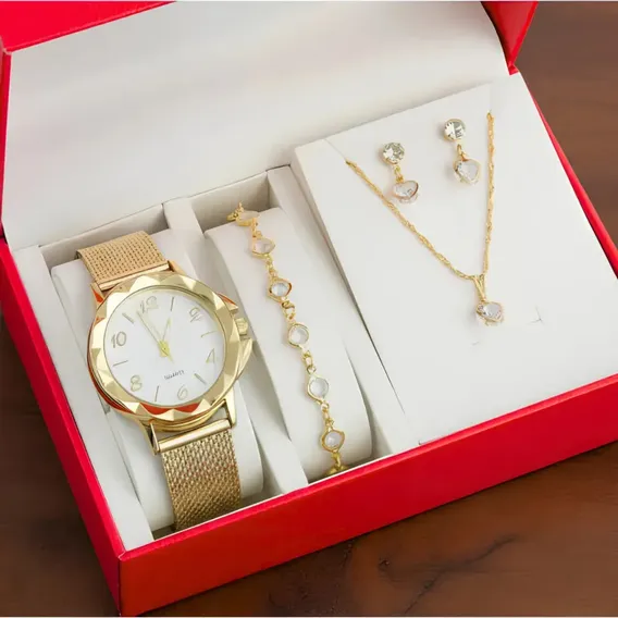 Kit Relógio Feminino Colar Brinco Pulseira Folheado Presente Dourado