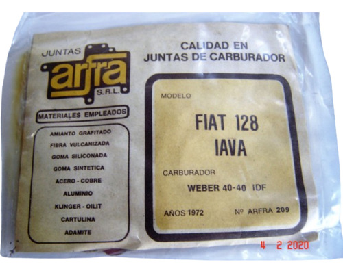 Junta Carburador Weber 40-40 Idf Fiat 128 Iava 1972 209