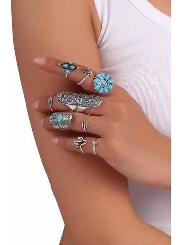 Set De 9 Anillos Con Diseño Hippie Chic Turquesa- Aleación