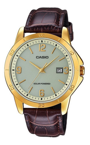 Reloj Casio Caballero Mtp Vs02 Cuero Marron Fechador Solar Color de la correa Café Color del bisel Dorado Color del fondo Gris