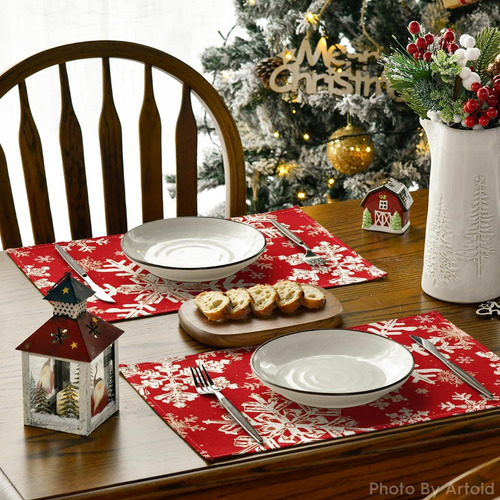 4 Mantel Individual Decorativos Navidad Copos Nieve Rojos