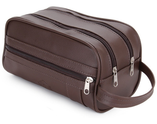 Necessaire Masculina Organizador Mala Viagem Porta Maquiagem Retangular 3 Ziper Cor Marrom