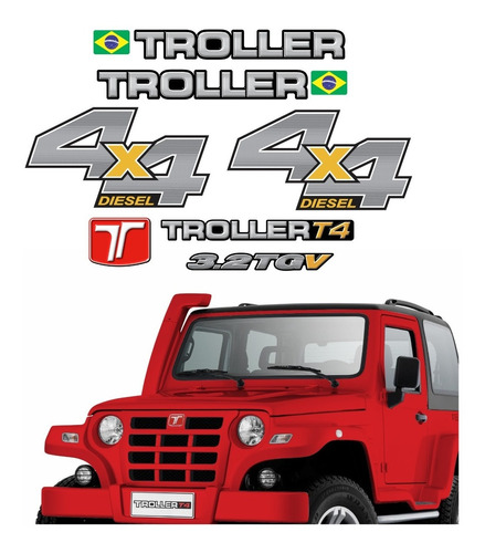 Kit Adesivos Emblema Troller T4 3.2 Tgv 4x4 Diesel 2014 Completo Carro Vermelho 3.2tgv Trl13