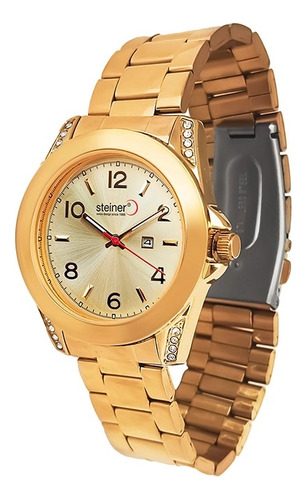 Reloj Para Dama Steiner Con Fechador Extensible Acero Inox Correa Dorado Bisel Dorado Fondo Dorado