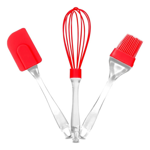 Kit Utensílio Silicone 3 Peças Fuê Fouet Espátula E Pincel Cor Vermelho