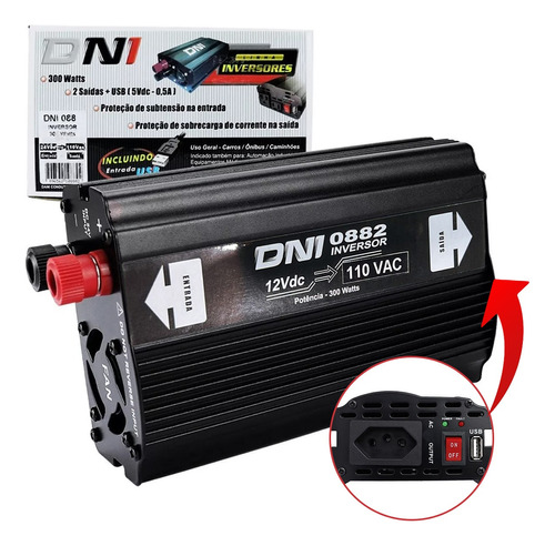 Inversor De Tensão 12v Dc Para 110v Ac 1 Tomada 1 Usb 300w