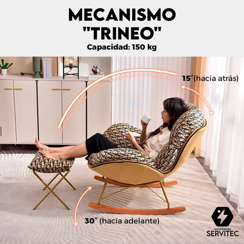 Sillón Mecedor 2 Cuerpos Metal Dorado Con Reposapiés