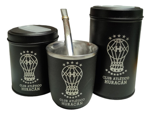 Set Acero Huracan Yerbera Azucarera Mate Bombilla Grabados