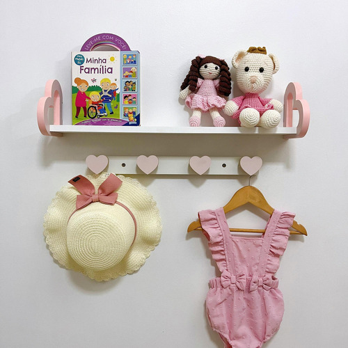 2 Prateleiras Coração Colorida 60cm E 2 Cabideiros Infantil