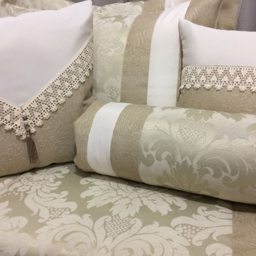 Imagem 5 de 6 de Cobre Leito Colcha Queen Tecido Jacquard Bege Modelo Safira 06 Peças
