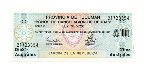 Bono Emergencia Tucuman 10 Australes Año 1989 Sin Circular