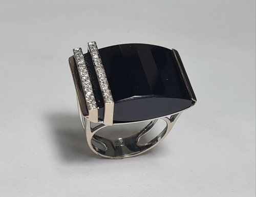 Anel Ouro Branco 18k/750 Onix E Brilhantes Cod 17071