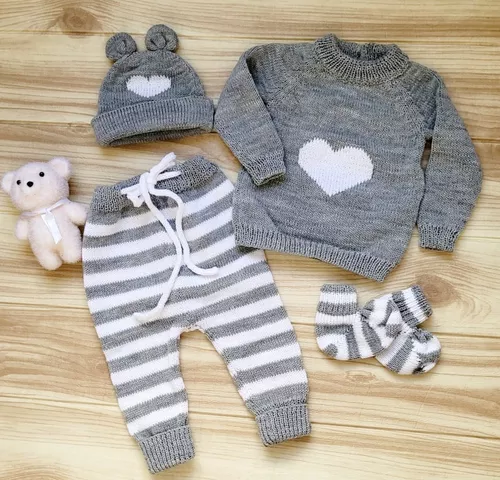 Primera Ropa Bebé Tejido Conjunto Artesanal Bordado Gris