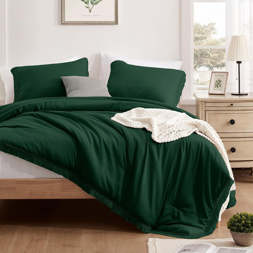 Juego De Edredón Matrimonial Verde Oscuro 3 Piezas