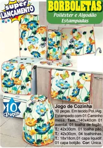 KIT 01 Jogo de Cozinha Tergal 10 Peças com Cortina Estampado - Atacado!!