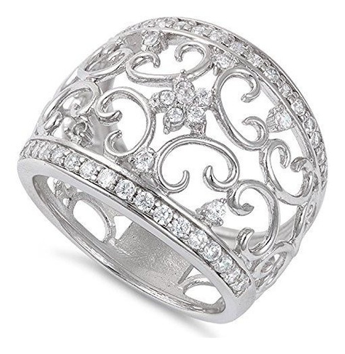 Sterling Silver Filigree Flower Cz Ring (size 4-11)