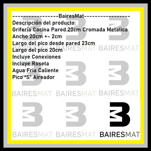 Imagen 3 de 5 de Griferia Cocina Mezcladora De Pared Lavadero 20cm Metal