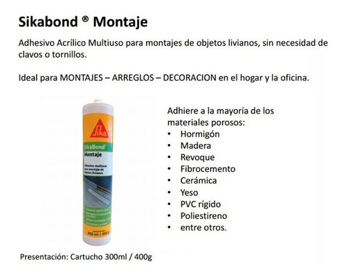 Sellador Adhesivo Acrílico Sikabond Montaje 300ml/400gr Sika