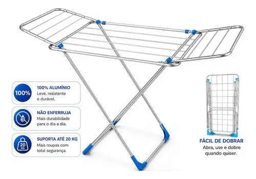 Varal De Chao C/ Abas 100% Aluminio 137cm Reforçado Dobrável Prateado