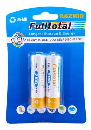 2 Pilas Aa Recargables 2100 Mah Precargadas + De 1000 Ciclos