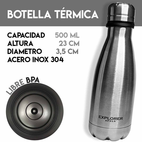 Imagen 4 de 10 de Botella Deportiva 500 Ml Acero Inoxidable Explorer