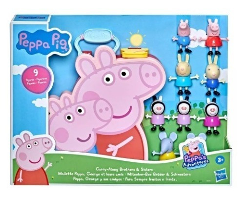 Peppa Pig, Set De 9 Figuras Hermanos Con Estuche Portatil