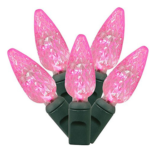 50 Light Pink C6 Led Light Set On Green Wire