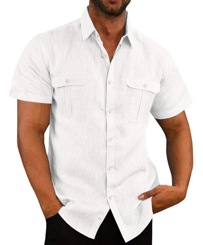 Camisa Strech Cuello Mao Lino Hombre Casual Manga Corto Slim