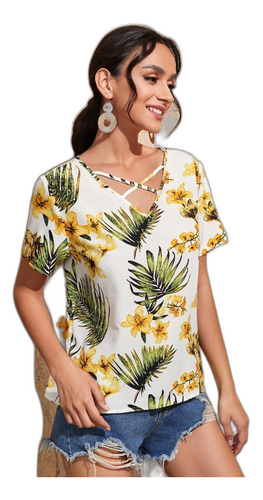 Top Blusa Con Tira Cruzada Con Estampado Tropical