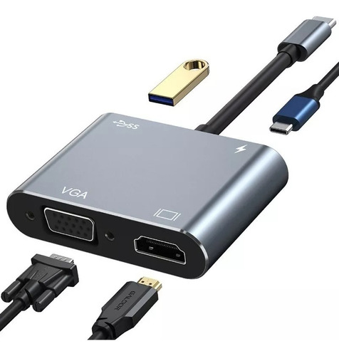 Cabo Hub Adaptador Usb-c Para Hdmi, Vga, Usb-c E Usb 3.0 Nf
