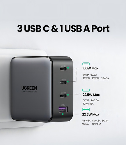 Cargador De Pared Ugreen Carga Rapida 100w Gan 3 Usb C 1 Usb Negro