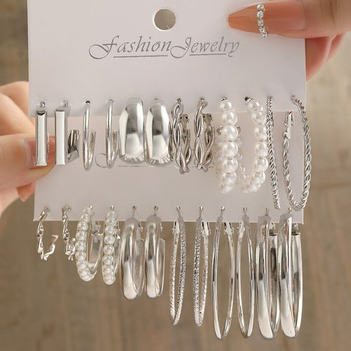 Pack De 12 Pares De Aros Aretes Argollas Plateados Y Perlas