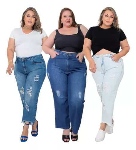 Calça Feminina Jeans Plus Size Mom Cós Alto Tamanho Grande