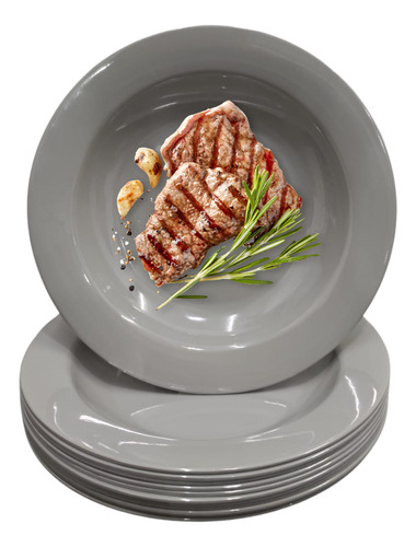 12 Pratos Fundo Jantar Cinza Refeição Buffet Melamina Liso