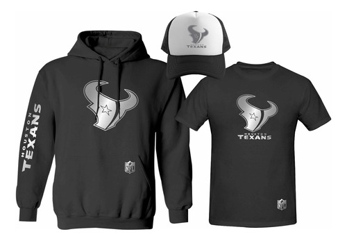 Kit Sudadera + Playera + Gorra Houston Texans Nfl Silver