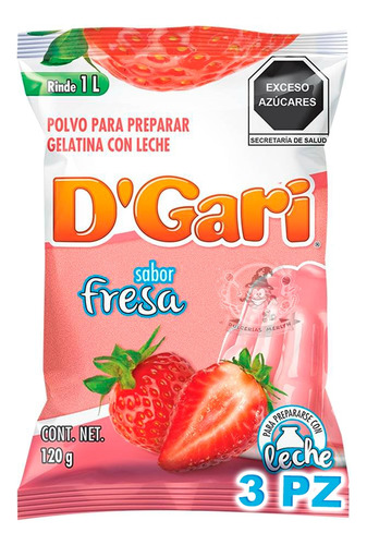 3 Gelatinas Dgari Sabor Fresa Polvo Postre Dulce Usar Leche