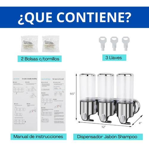 Dispensador Triple Jabón Liquido Shampoo Pared Hotel Cocina