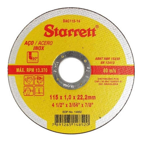 Imagem 2 de 2 de Disco De Corte Inox 4.1/2 Starrett Esmerilhadeira (6peças)