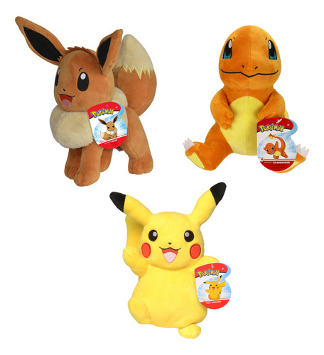 Set De 3 Peluches Pokémon 8'' Pikachu, Eevee Y Charmander