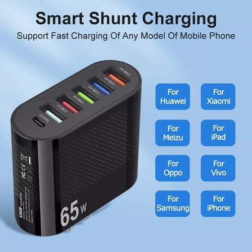 Cargador Usb 65 W Carga Rápida 5 Usb A + 1 Usb C