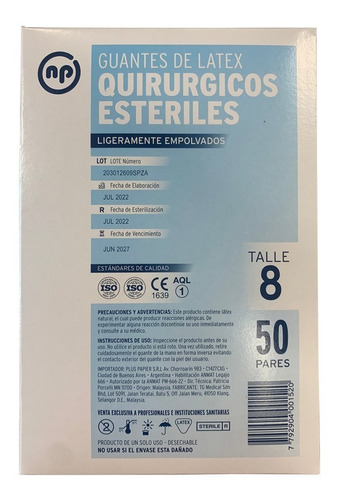 Guantes De Látex Estériles Np Caja X 50 Unidades Tamaño N° 8