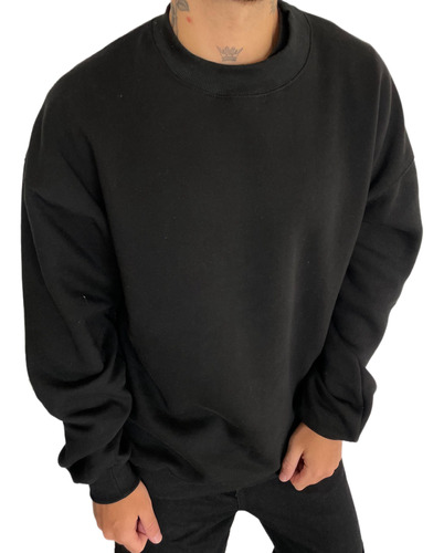 Buzo Oversize Liso Basico Negro Algodon Frizado Hombre