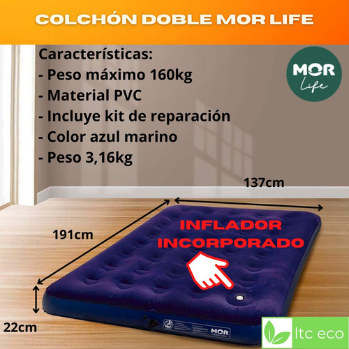 Imagen 2 de 8 de Colchón Inflable 2 Plazas Mor Con Inflador Camping Colchones