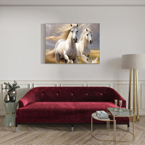 Quadro Grande Para Sala Quarto 90x60cm Cavalos Brancos Luxo