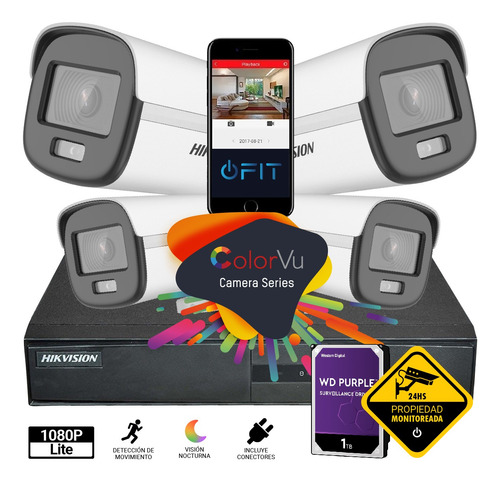 Imagen 1 de 10 de Kit Seguridad Hikvision 4 Camaras Colorvu + Dvr + Disco 1tb