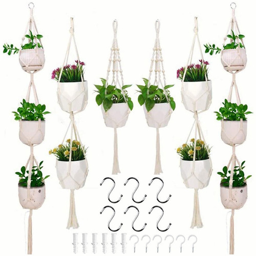 6 Pz Maceteros Colgante Porta Maceta De Macramé Con Ganchos