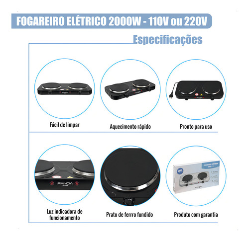 Fogão Cooktop Elétrico Panda Fogareiro Portátil Panda Plus 2 Bocas Preto - 2000w