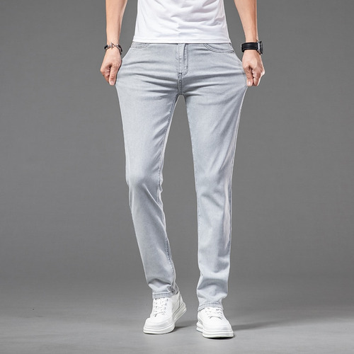 Jeans Delgados De Mezclilla Elástica Gris Claro Para Hombre