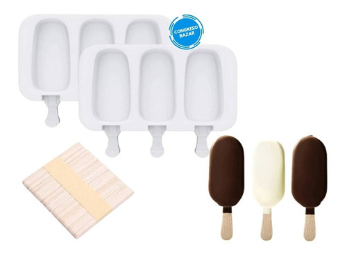 Molde Silicona Paleta De Helado Grande 3 Cav. + 50 Palitos